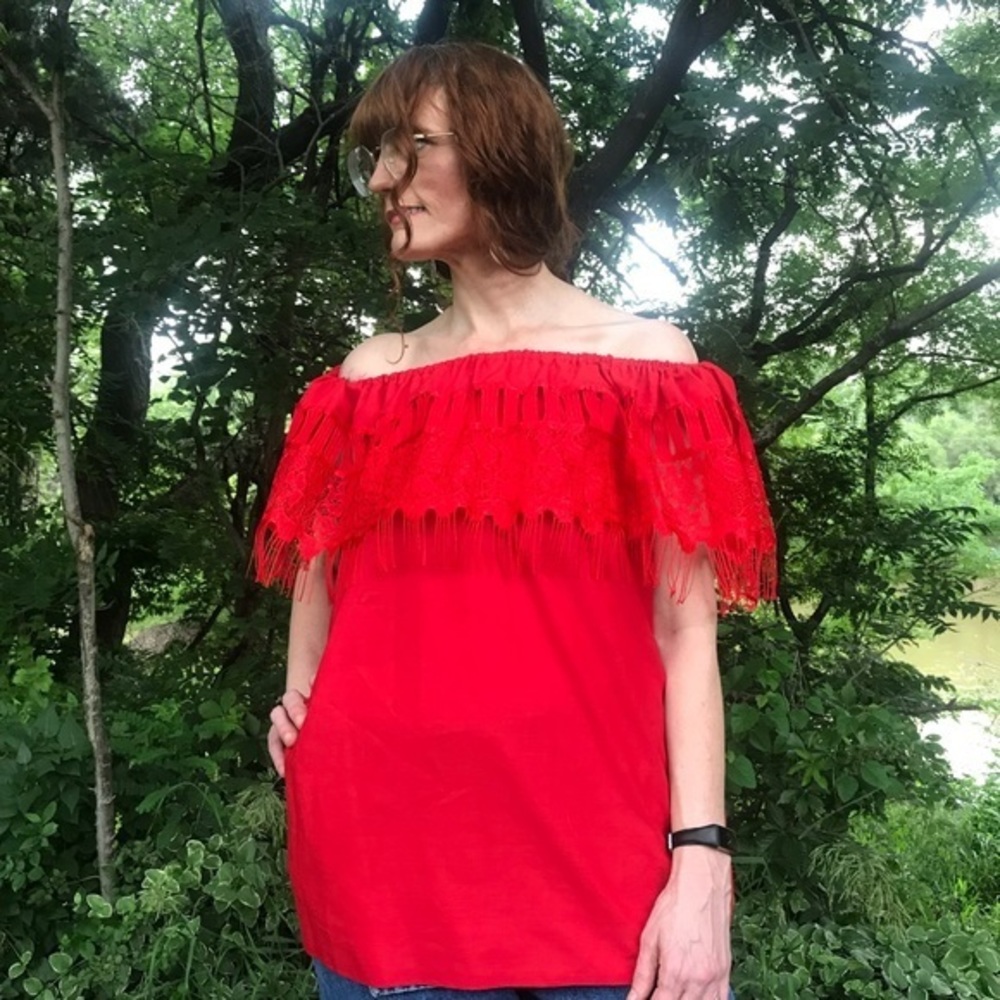 Vintage Red Off-Shoulder Peasant Blouse
